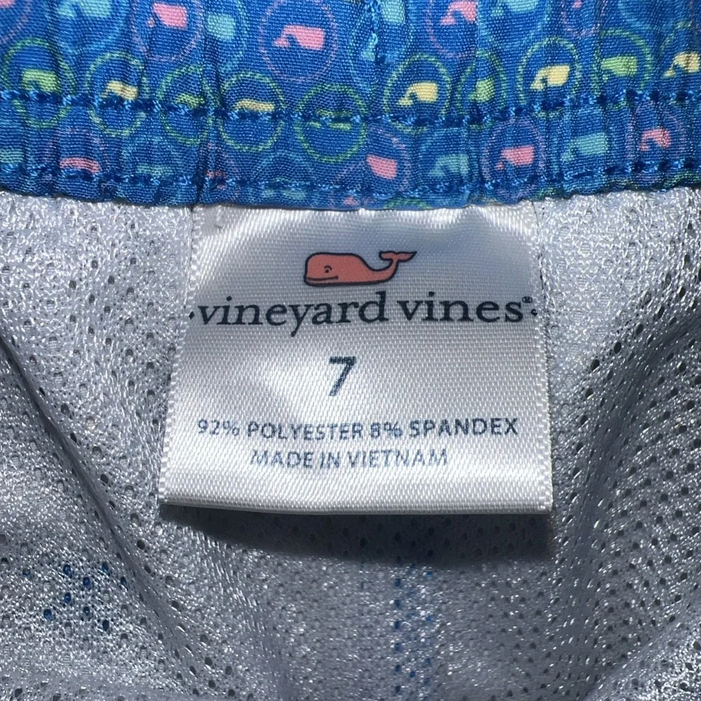 Vineyard Vines Swimwear Shorts Youth Sz 7 Blue AOP Micro Whale Logo Swim Trunks
